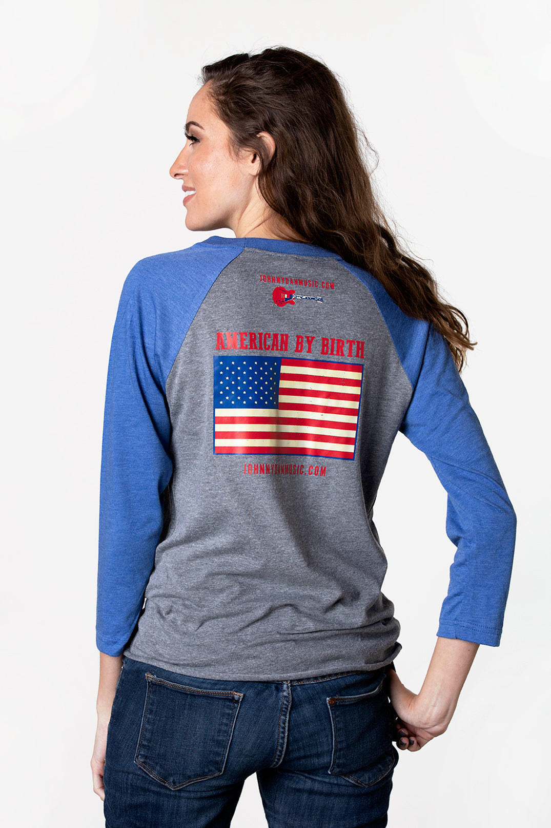 Women's Johnny Dan American by Birth Blue Grey Baseball T