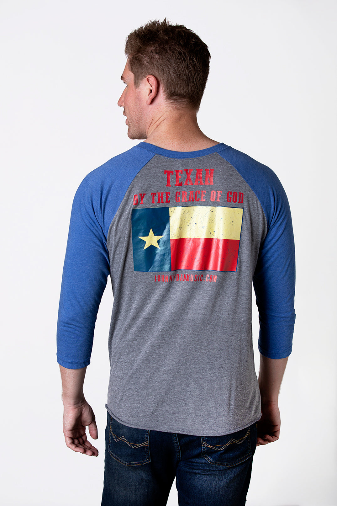 Men's American by Birth, Texan by the Grace of God Blue Grey Baseball T