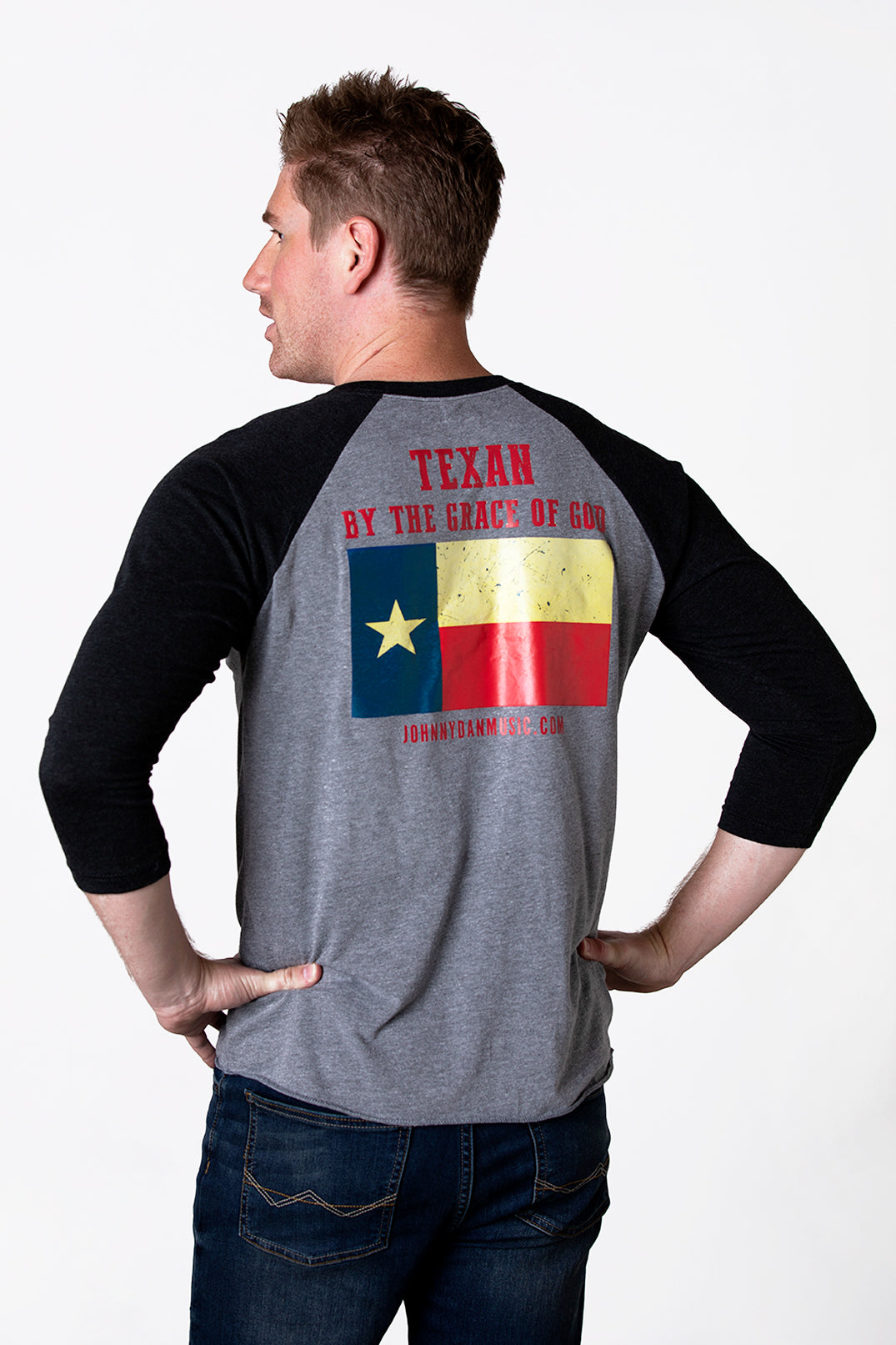 Men's American by Birth, Texan by the Grace of God Grey Black Baseball T