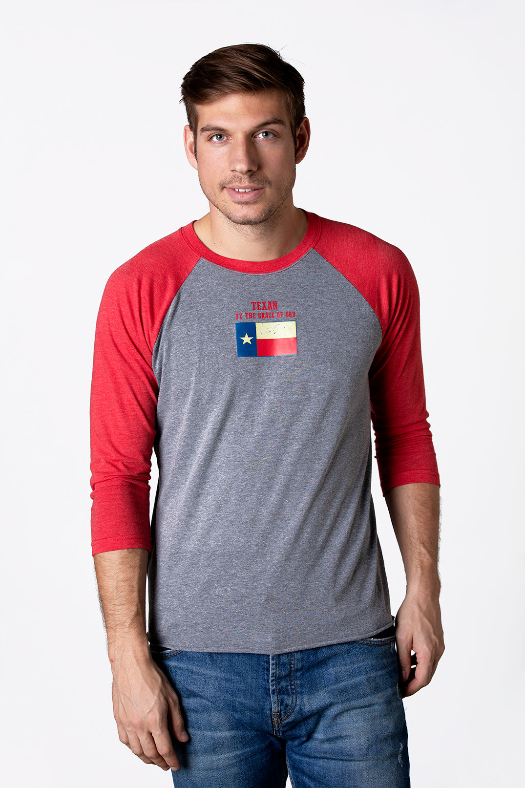 Men's Texan by the Grace of God Red Grey Baseball T