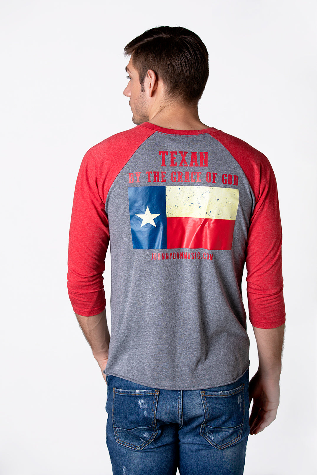 Men's Texan by the Grace of God Red Grey Baseball T