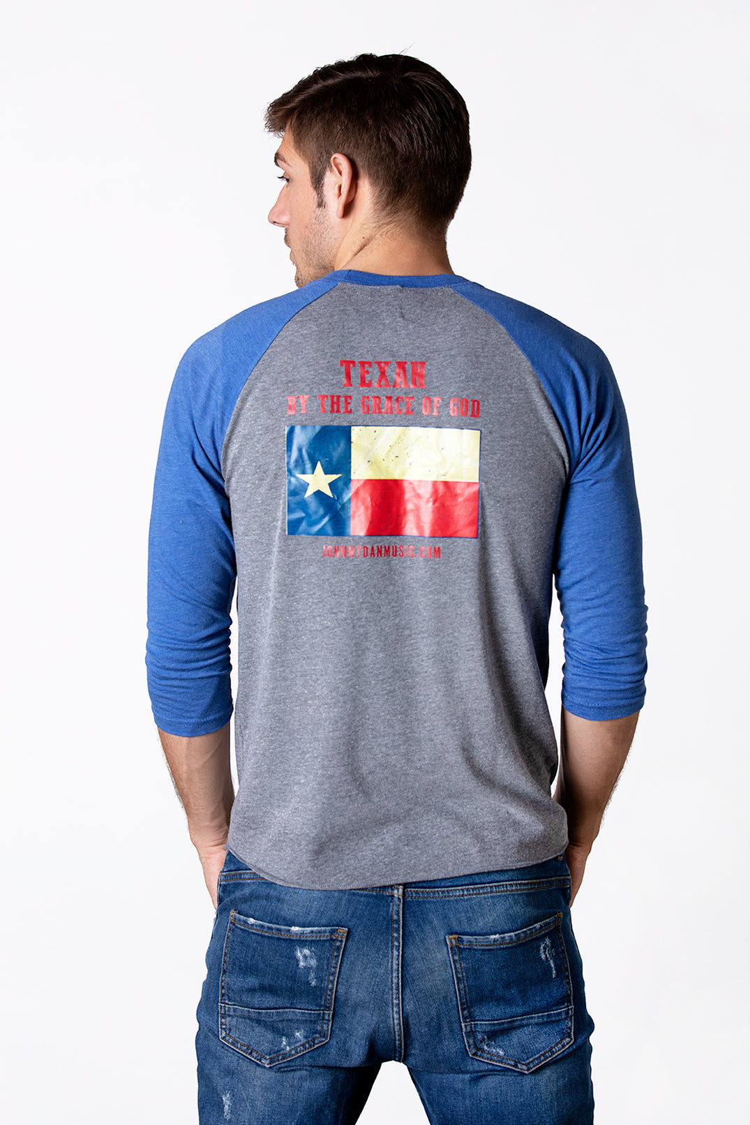 Men's Johnny Dan Texan by the Grace of God Blue Grey Baseball T