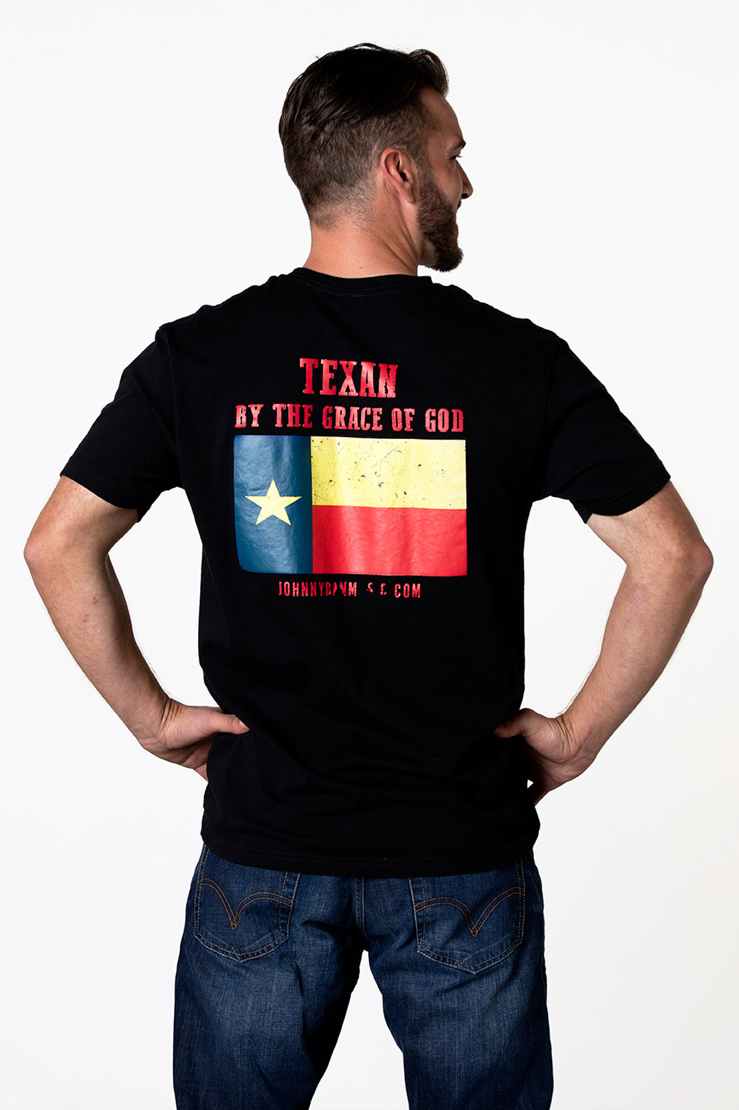 Men's Large Flag American by Birth, Texan by the Grace of God Black T