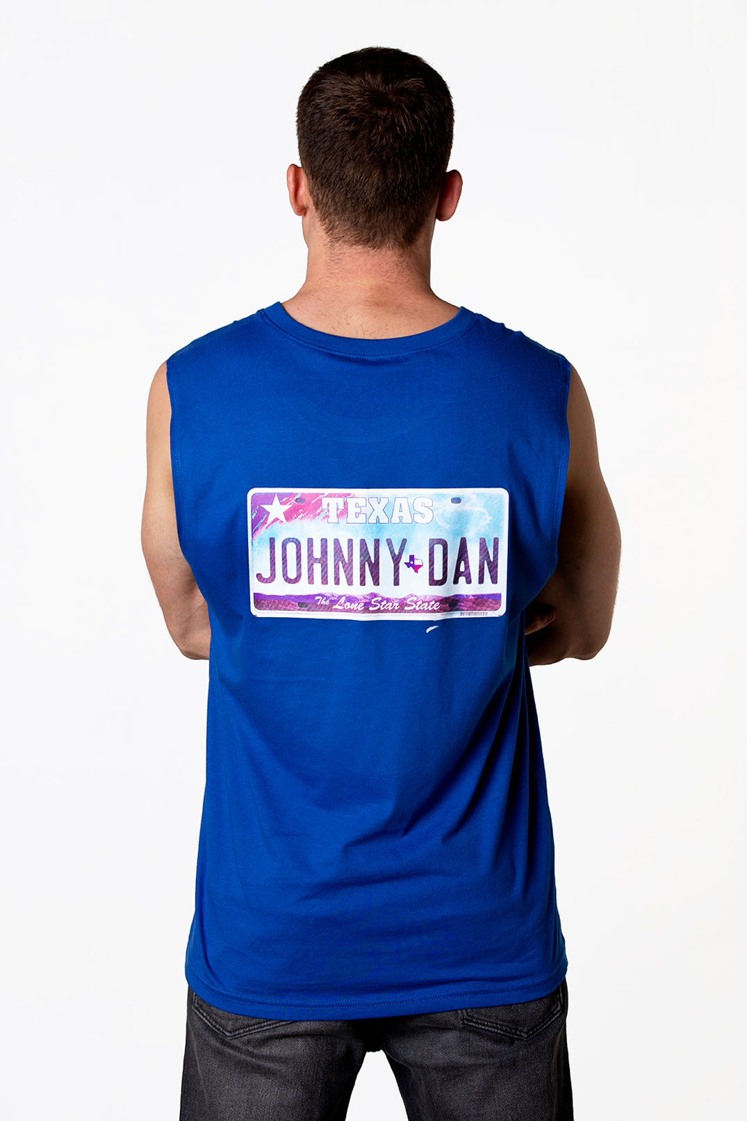 Men's Johnny Dan Texas License Plate Blue Sleeveless T