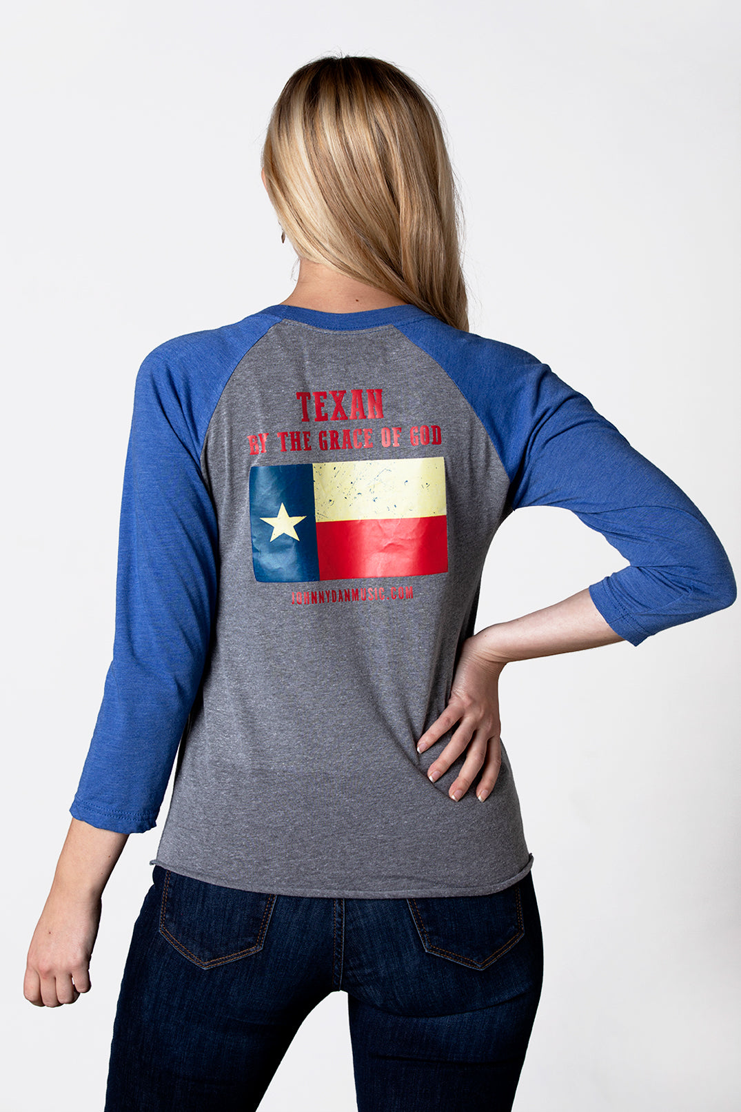 Women's Texan by the Grace of God Blue Grey Baseball T