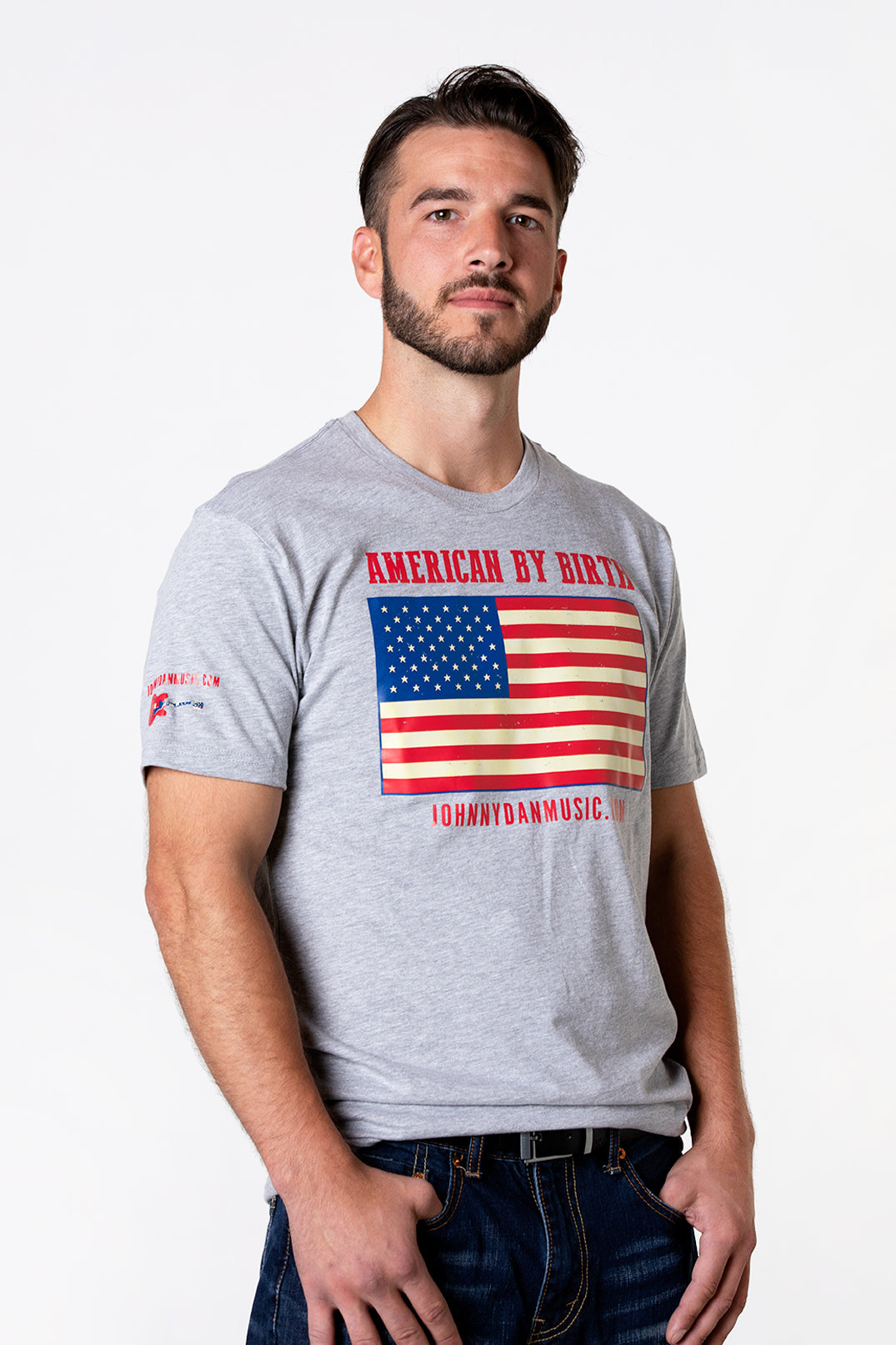 Men's Large Flag American by Birth, Texan by the Grace of God Grey T