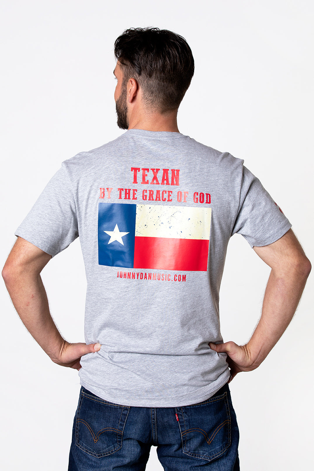 Men's Large Flag American by Birth, Texan by the Grace of God Grey T