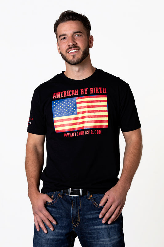 Men's Large Flag American by Birth, Texan by the Grace of God Black T