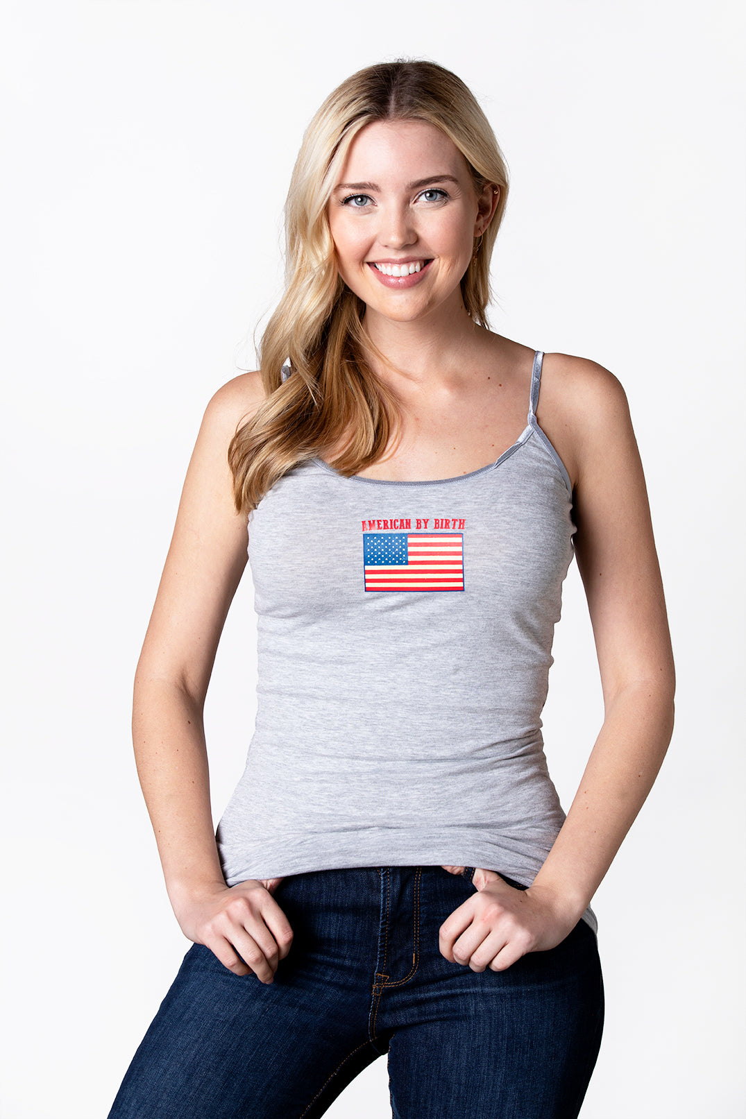 Women's American by Birth Grey Spaghetti Tank